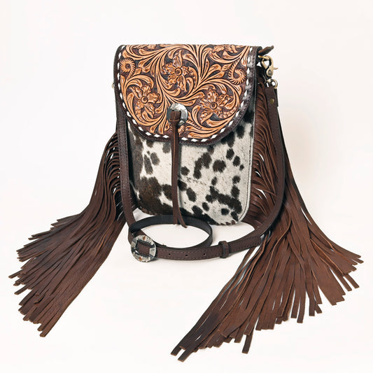 ADBGA353 Tooled Leather & Cowhide Crossbody Bag with Fringe Western Saddle Flap Purse