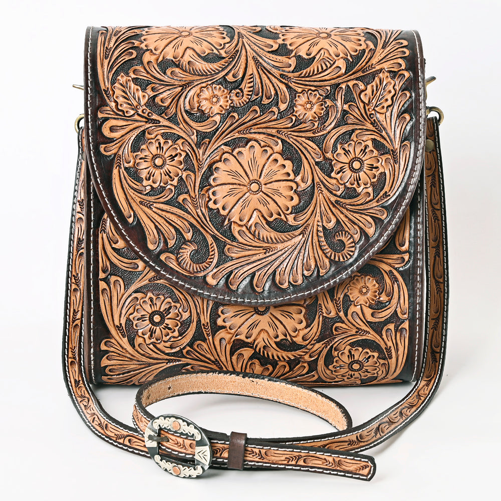 ADBGA356 Hand-Tooled Full Leather Western Crossbody Bag Floral Pattern & Buckle Strap