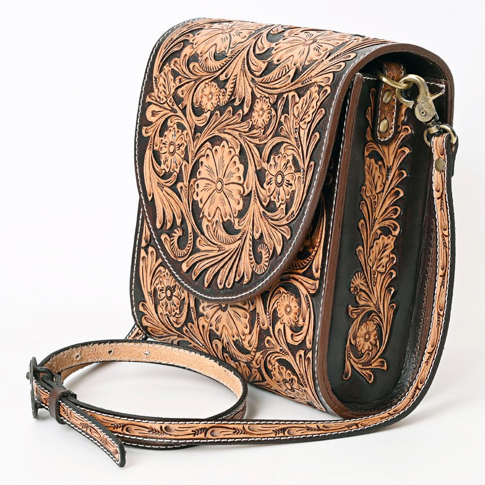 ADBGA356 Hand-Tooled Full Leather Western Crossbody Bag Floral Pattern & Buckle Strap