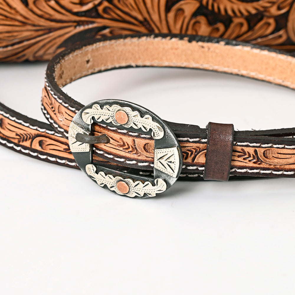 ADBGA356 Hand-Tooled Full Leather Western Crossbody Bag Floral Pattern & Buckle Strap