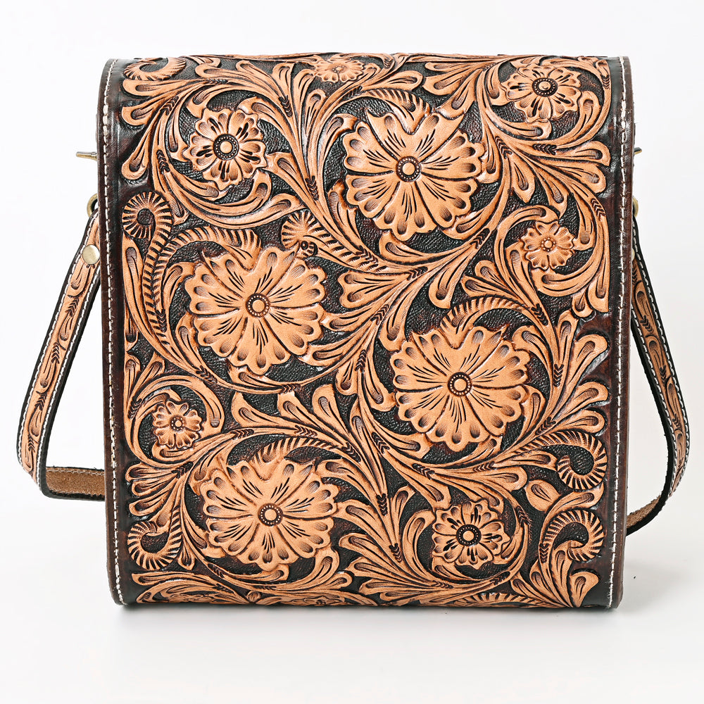 ADBGA356 Hand-Tooled Full Leather Western Crossbody Bag Floral Pattern & Buckle Strap