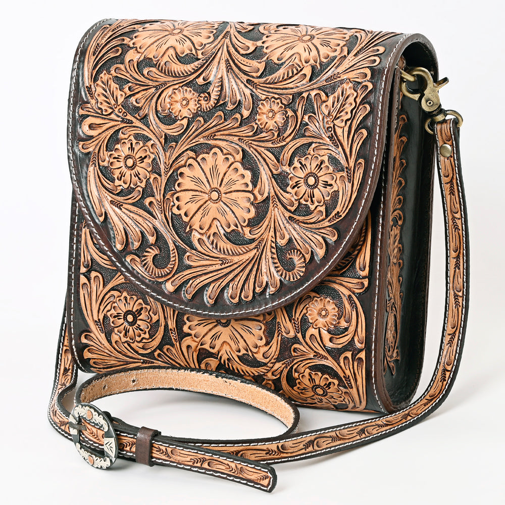 ADBGA356 Hand-Tooled Full Leather Western Crossbody Bag Floral Pattern & Buckle Strap