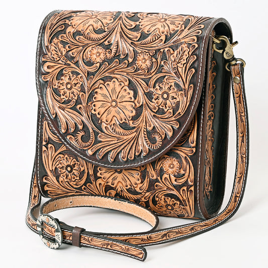 ADBGA356 Hand-Tooled Full Leather Western Crossbody Bag Floral Pattern & Buckle Strap