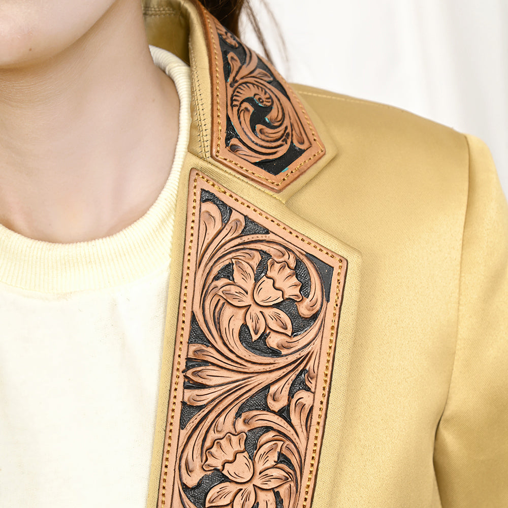 LC-ADBZ022 Gold Satin Western Blazer with Hand-Tooled Leather Lapels - Cowgirl Luxe Jacket