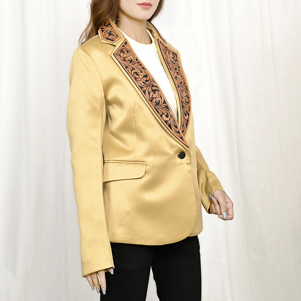 LC-ADBZ022 Gold Satin Western Blazer with Hand-Tooled Leather Lapels - Cowgirl Luxe Jacket