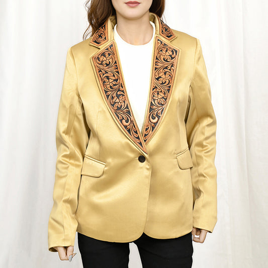 LC-ADBZ022 Gold Satin Western Blazer with Hand-Tooled Leather Lapels - Cowgirl Luxe Jacket