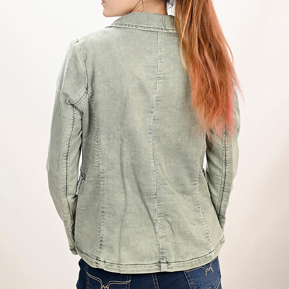 LC-ADBZ023 Olive Washed Denim Western Blazer with Hand-Tooled Leather Lapels - Casual Cowgirl Jacket