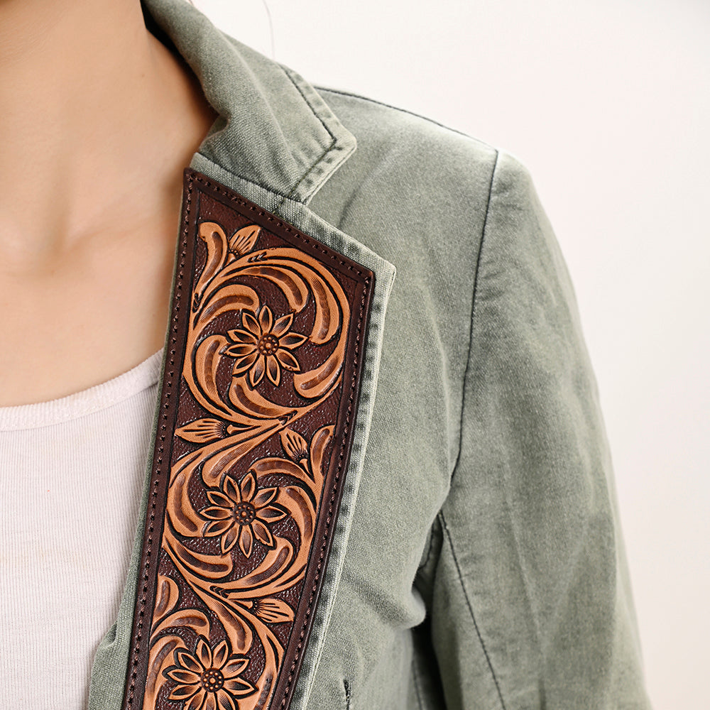 LC-ADBZ023 Olive Washed Denim Western Blazer with Hand-Tooled Leather Lapels - Casual Cowgirl Jacket