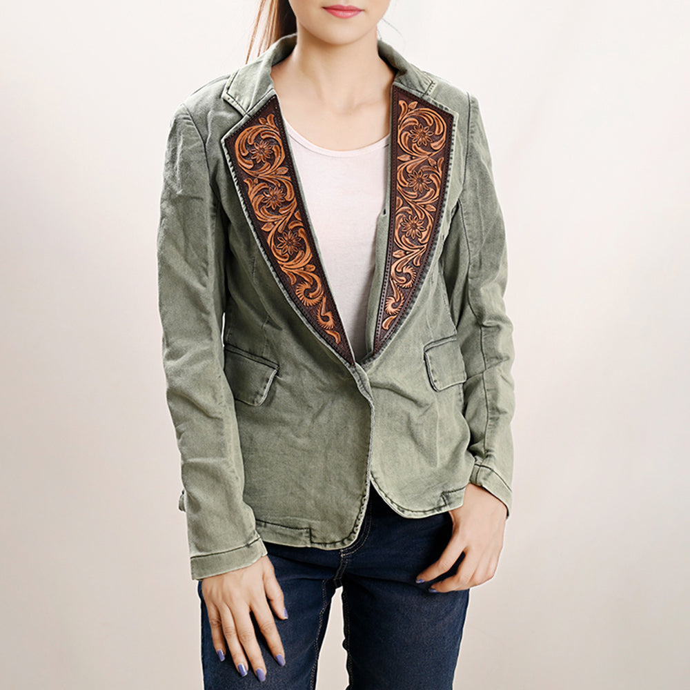 LC-ADBZ023 Olive Washed Denim Western Blazer with Hand-Tooled Leather Lapels - Casual Cowgirl Jacket