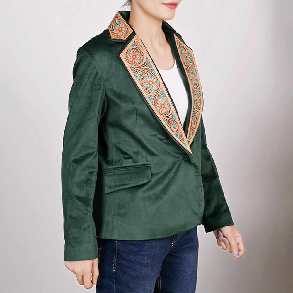 LC-ADBZ024 Genuine leather Hand tooled Women Fabric Blazer dress jacket
