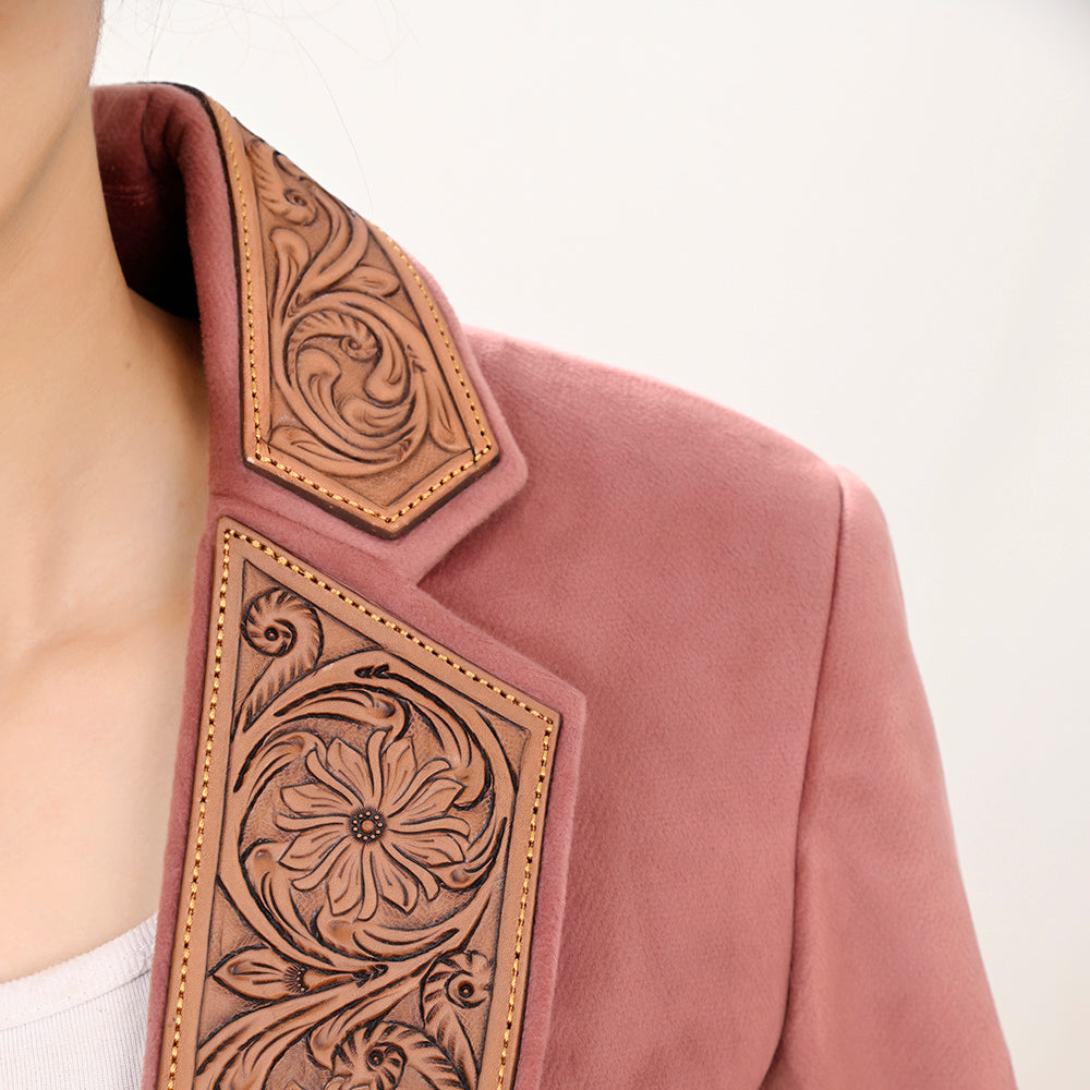 LC-ADBZ025 Genuine leather Hand tooled Women Fabric Blazer dress jacket