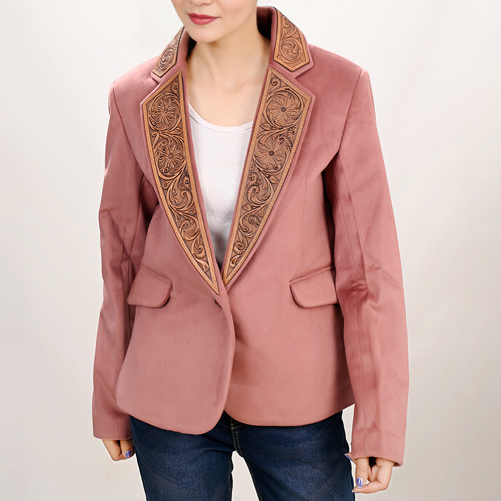 LC-ADBZ025 Genuine leather Hand tooled Women Fabric Blazer dress jacket