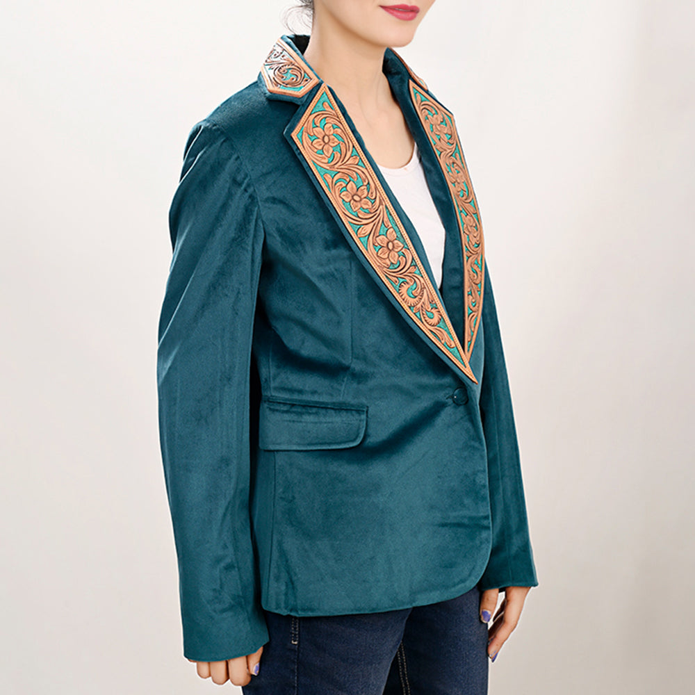 LC-ADBZ027 Teal Velvet Blazer with Hand-Tooled Leather Lapels - Elegant Western Jacket