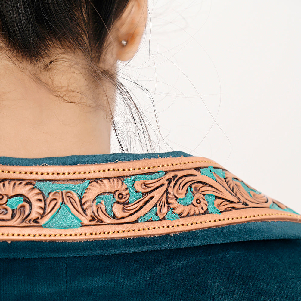 LC-ADBZ027 Teal Velvet Blazer with Hand-Tooled Leather Lapels - Elegant Western Jacket