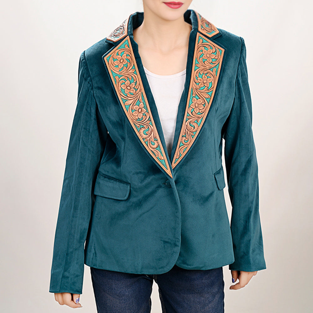 LC-ADBZ027 Teal Velvet Blazer with Hand-Tooled Leather Lapels - Elegant Western Jacket