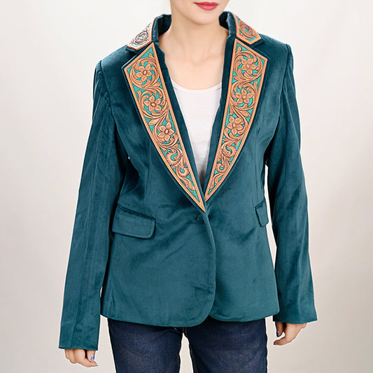 LC-ADBZ027 Teal Velvet Blazer with Hand-Tooled Leather Lapels - Elegant Western Jacket