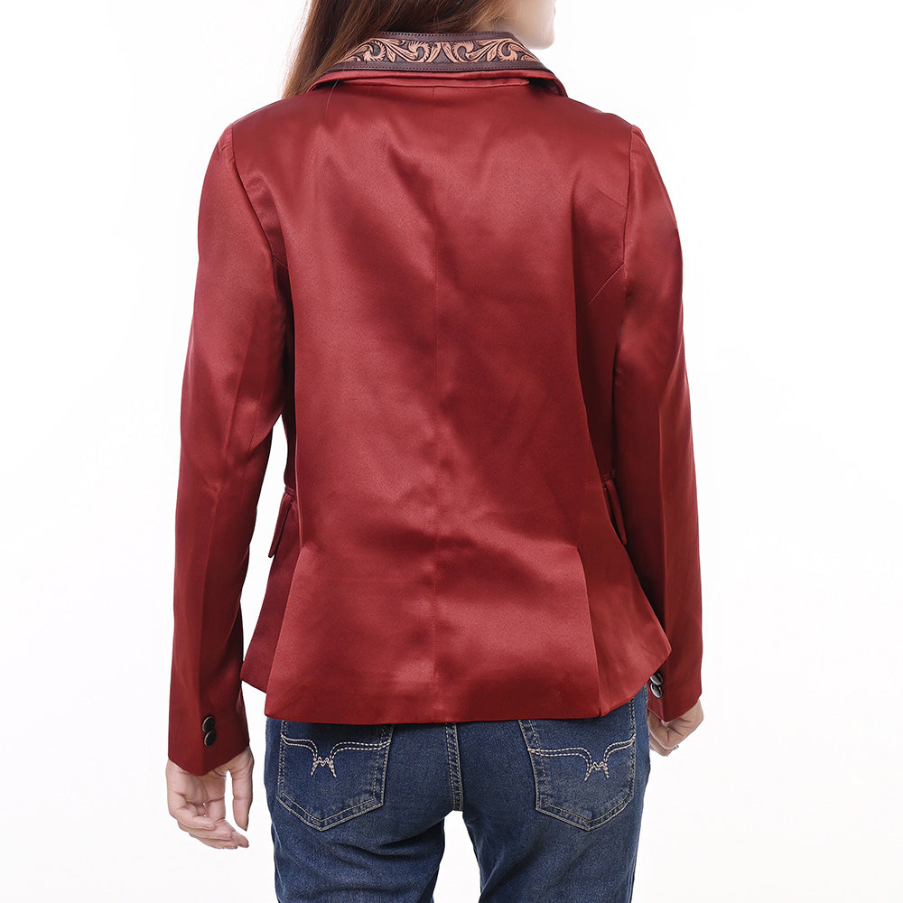 LC-ADBZ028 Red Satin Western Blazer with Hand-Tooled Leather Lapels - Chic Rodeo Elegance