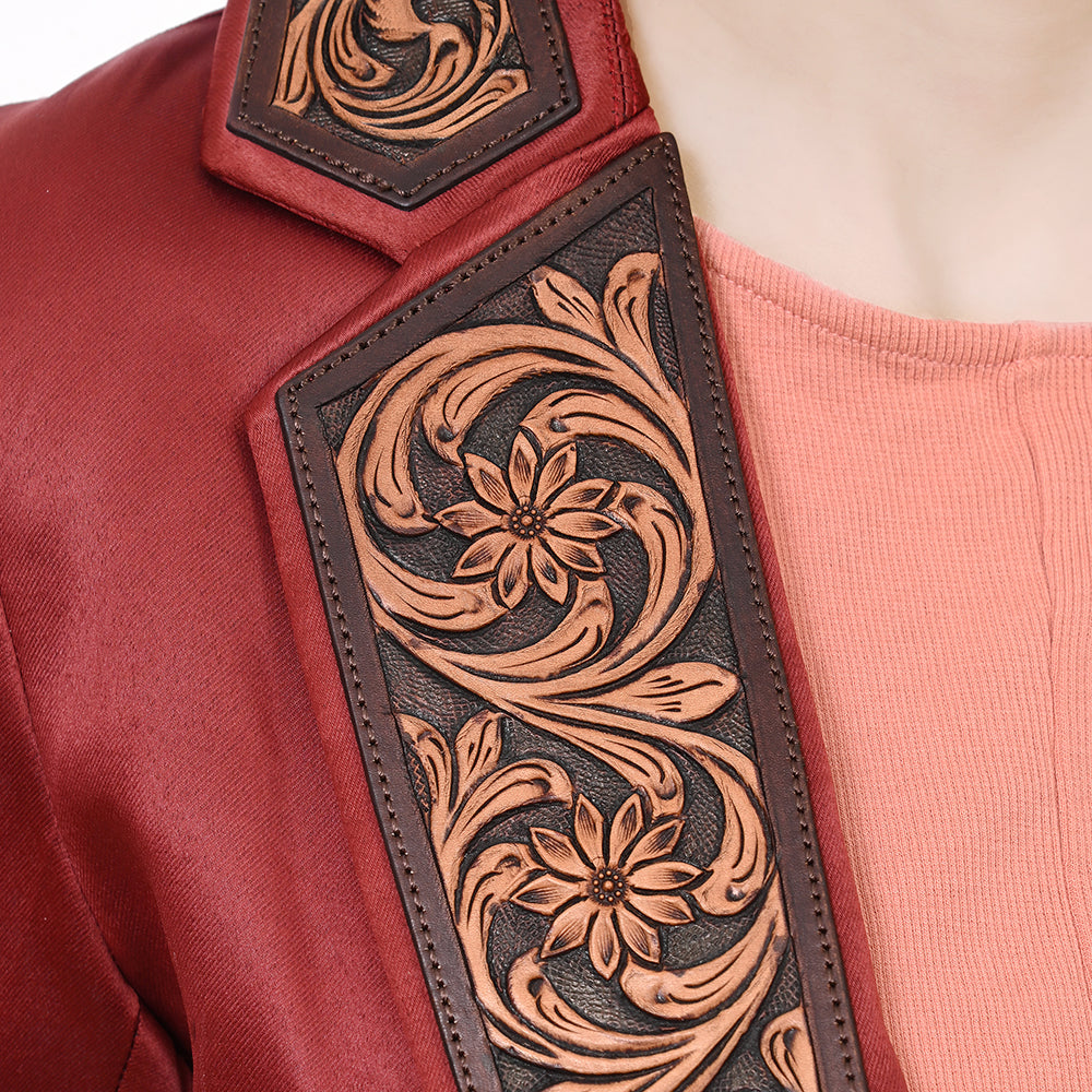 LC-ADBZ028 Red Satin Western Blazer with Hand-Tooled Leather Lapels - Chic Rodeo Elegance