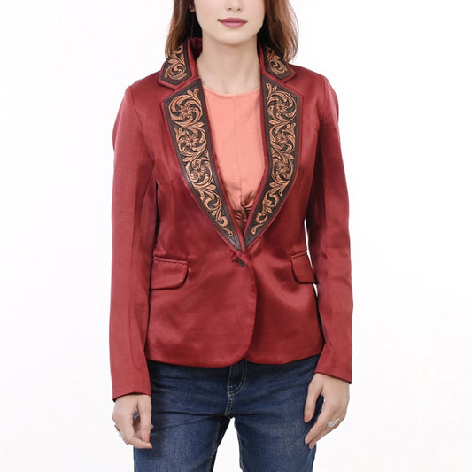 LC-ADBZ028 Red Satin Western Blazer with Hand-Tooled Leather Lapels - Chic Rodeo Elegance
