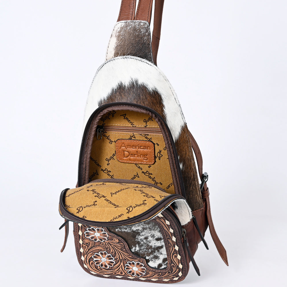 ADBG1182B American Darling Hair-On Cowhide Sling Bag | Tooled Leather Western Backpack