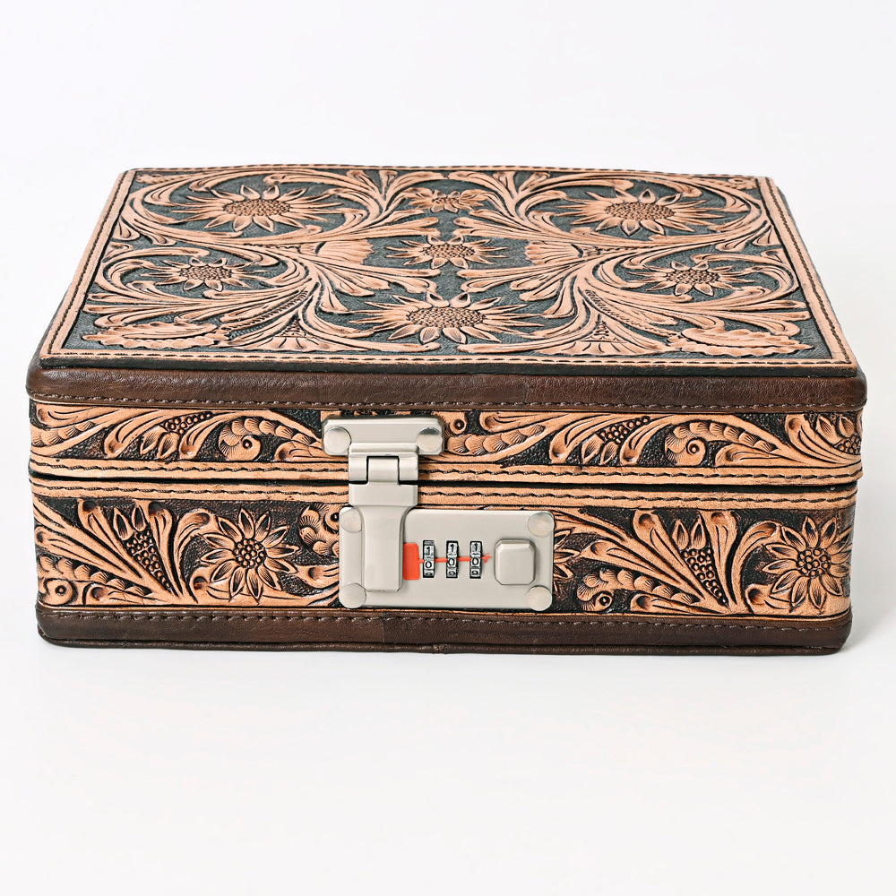ADBGA300 American Darling Lockable Jewelry Case Hair-On Hide & Hand-Tooled Leather Floral Lid