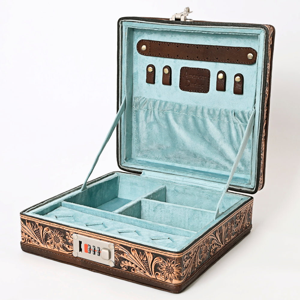 ADBGA300 American Darling Lockable Jewelry Case Hair-On Hide & Hand-Tooled Leather Floral Lid