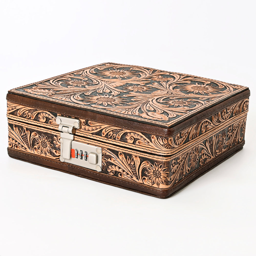 ADBGA300 American Darling Lockable Jewelry Case Hair-On Hide & Hand-Tooled Leather Floral Lid