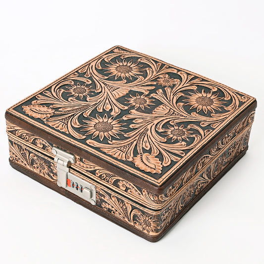 ADBGA300 American Darling Lockable Jewelry Case Hair-On Hide & Hand-Tooled Leather Floral Lid