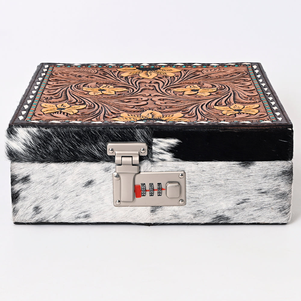 ADBGA300 American Darling Lockable Jewelry Case Hair-On Hide & Hand-Tooled Leather Floral Lid