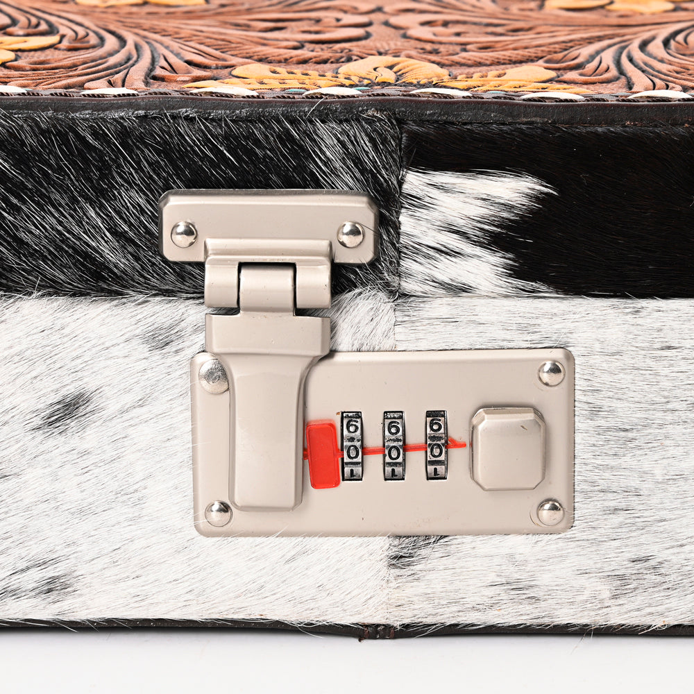 ADBGA300 American Darling Lockable Jewelry Case Hair-On Hide & Hand-Tooled Leather Floral Lid