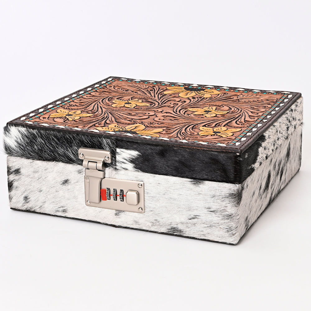 ADBGA300 American Darling Lockable Jewelry Case Hair-On Hide & Hand-Tooled Leather Floral Lid