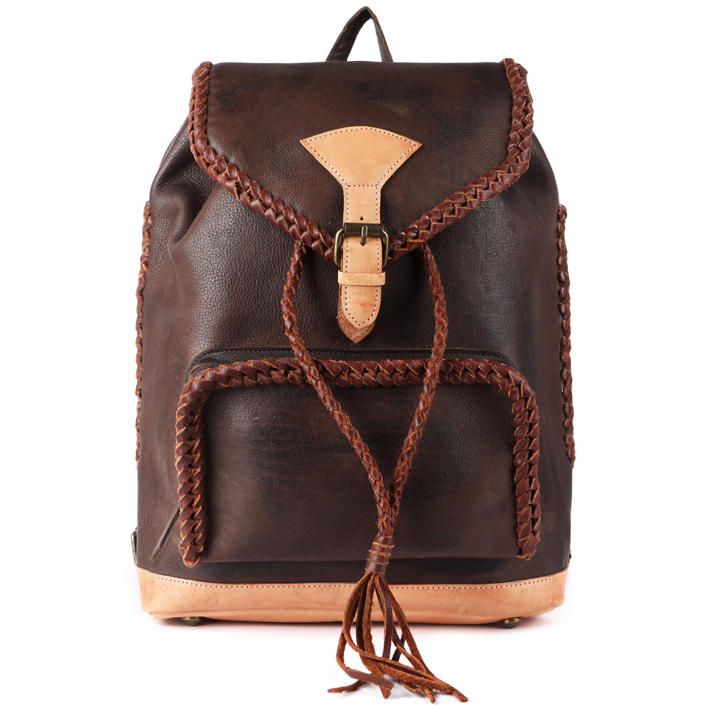 ADBGM275 Western Leather Backpack - Braided Trim, Fringe & Buckle Closure