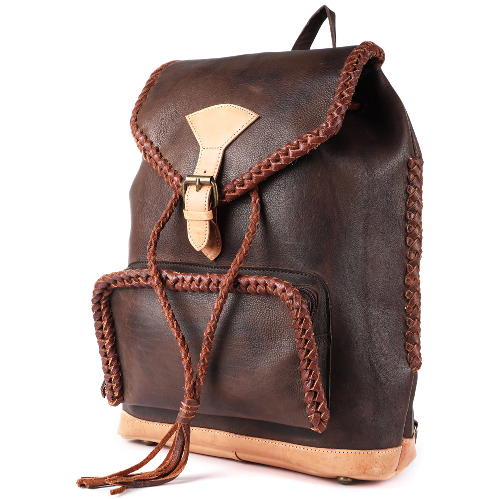 ADBGM275 Western Leather Backpack - Braided Trim, Fringe & Buckle Closure