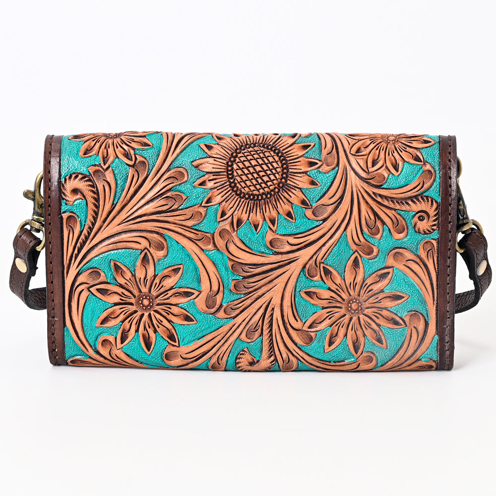 ADBGA378 Turquoise Hand-Tooled Leather Crossbody Wallet Bag Genuine Western Style