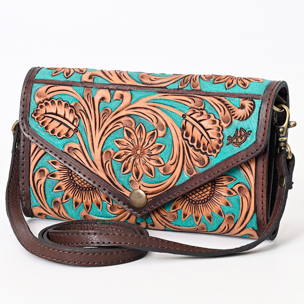 ADBGA378 Turquoise Hand-Tooled Leather Crossbody Wallet Bag Genuine Western Style