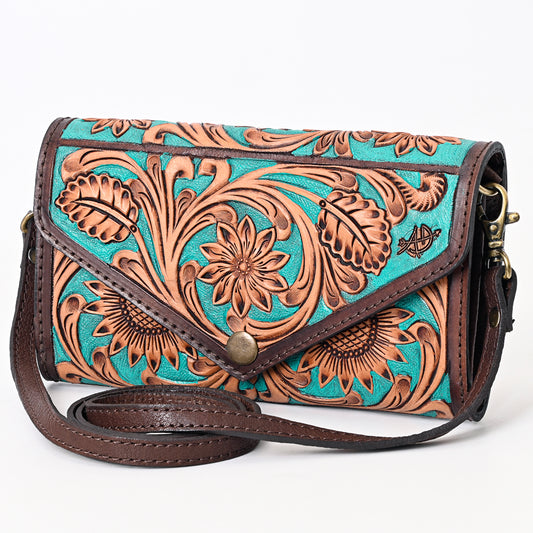 ADBGA378 Turquoise Hand-Tooled Leather Crossbody Wallet Bag Genuine Western Style