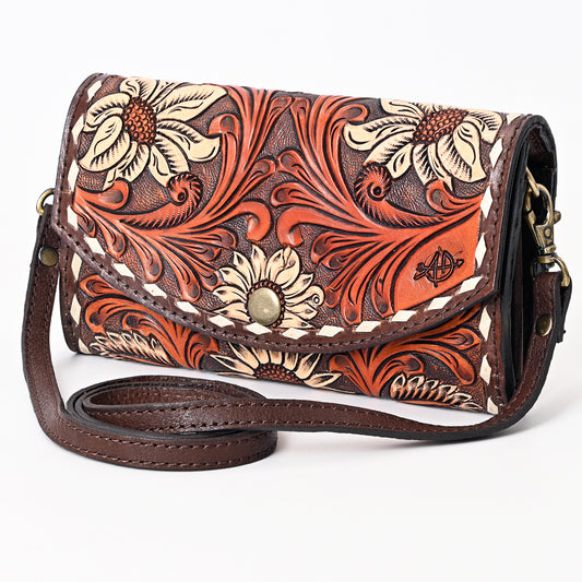 ADBGA379 Hand-Tooled Leather Crossbody Wallet with Cream Floral Design Western Style