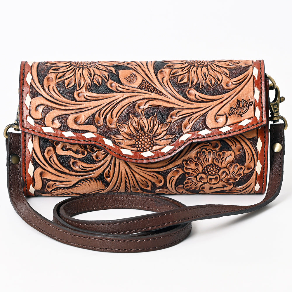 ADBGA381 Hand-Tooled Leather Crossbody Wallet with Whipstitch Border Western Floral Design