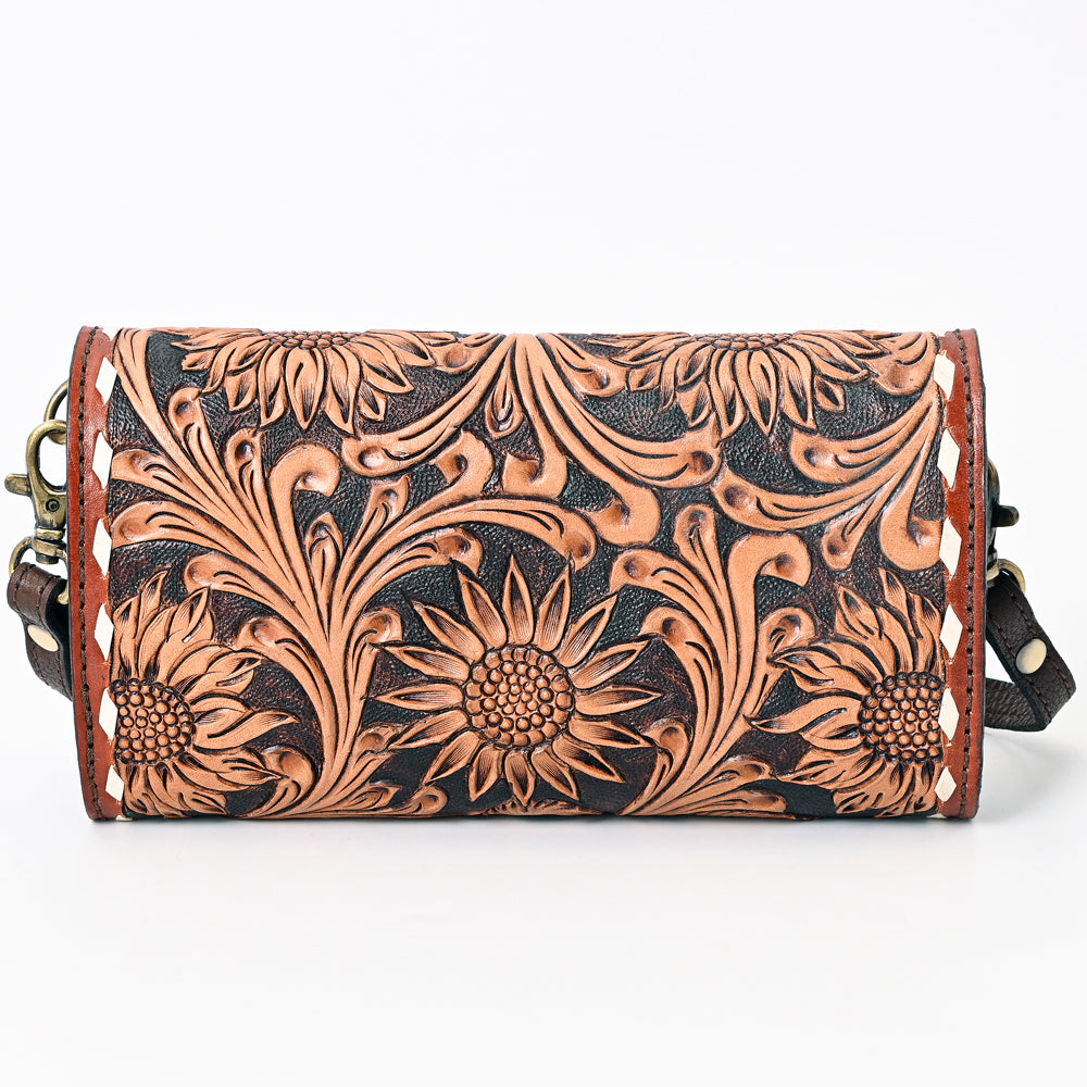 ADBGA381 Hand-Tooled Leather Crossbody Wallet with Whipstitch Border Western Floral Design