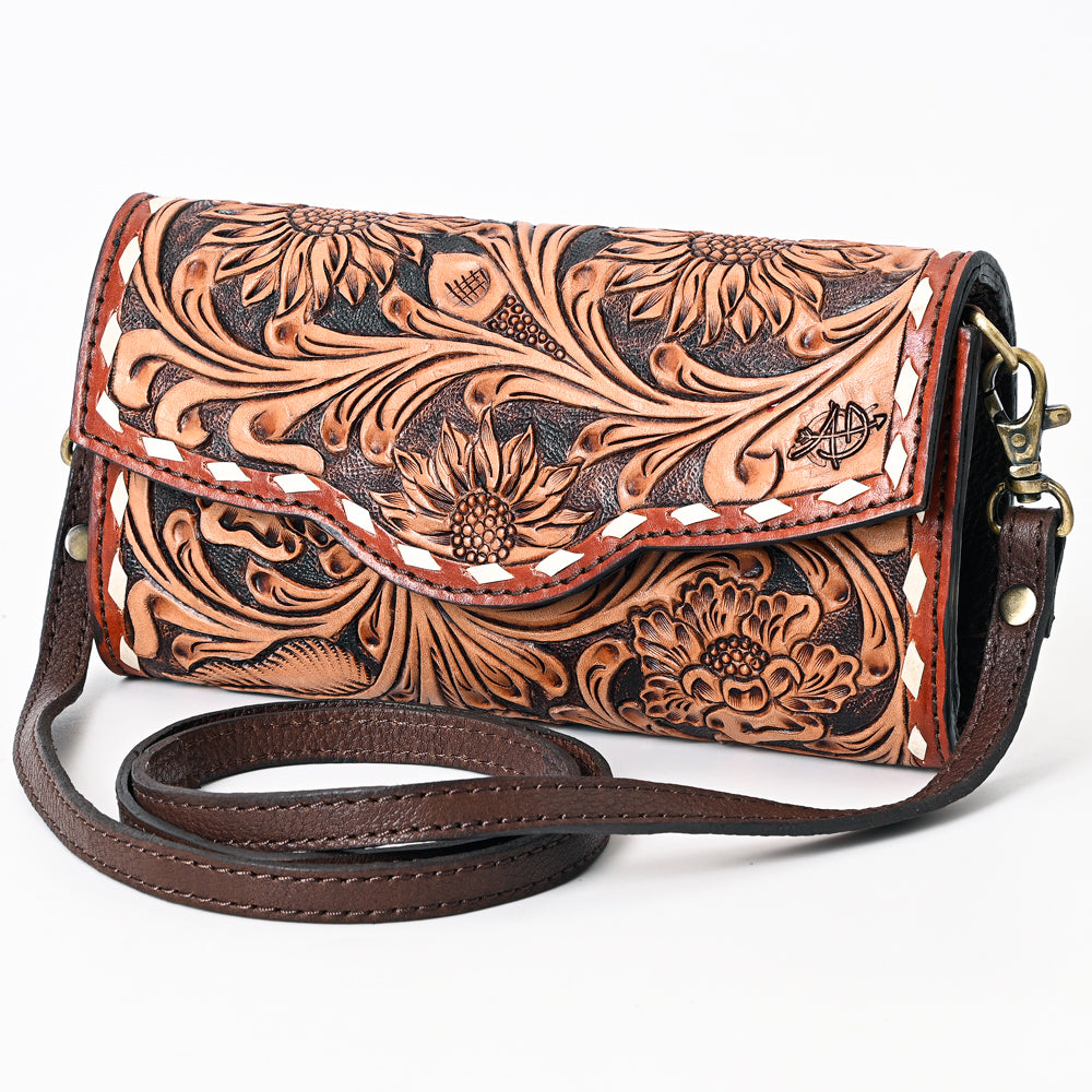 ADBGA381 Hand-Tooled Leather Crossbody Wallet with Whipstitch Border Western Floral Design