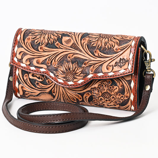 ADBGA381 Hand-Tooled Leather Crossbody Wallet with Whipstitch Border Western Floral Design