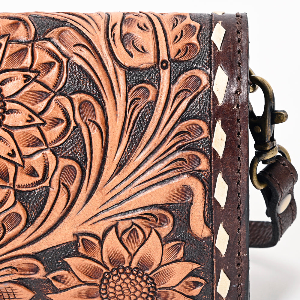 ADBGA384 Hair-On Hide & Tooled Leather Western Wallet Crossbody with Whipstitch Detail