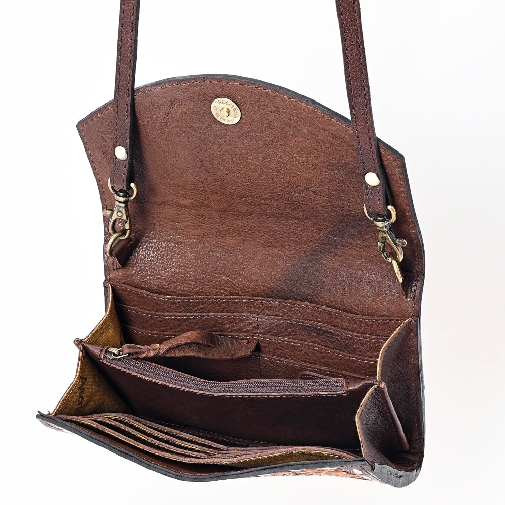 ADBGA384 Hair-On Hide & Tooled Leather Western Wallet Crossbody with Whipstitch Detail