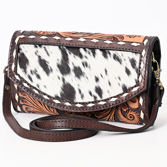 ADBGA384 Hair-On Hide & Tooled Leather Western Wallet Crossbody with Whipstitch Detail