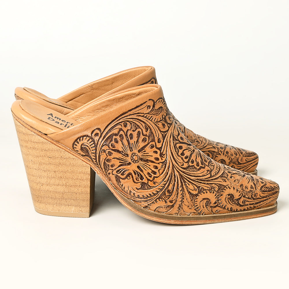 LC-ADFT163 Women's Hand-Tooled Leather Mule Heels - American Darling Western Block Mules