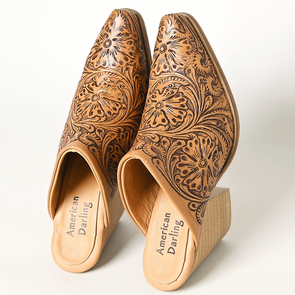 LC-ADFT163 Women's Hand-Tooled Leather Mule Heels - American Darling Western Block Mules