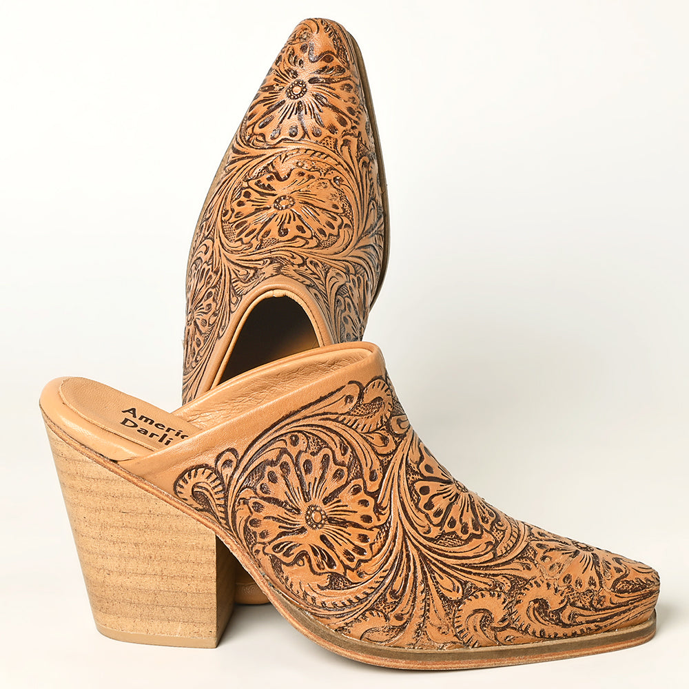 LC-ADFT163 Women's Hand-Tooled Leather Mule Heels - American Darling Western Block Mules