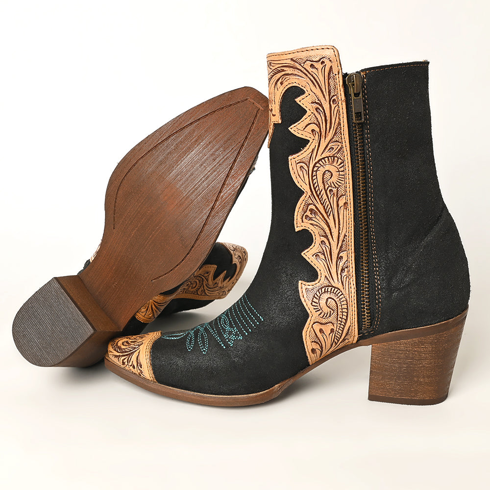 ADFT164 Women's Black & Tan Tooled Leather Western Ankle Boots - American Darling Cowgirl Booties