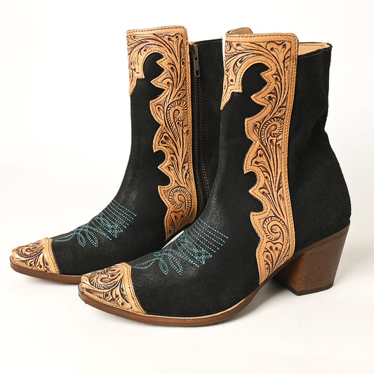 ADFT164 Women's Black & Tan Tooled Leather Western Ankle Boots - American Darling Cowgirl Booties