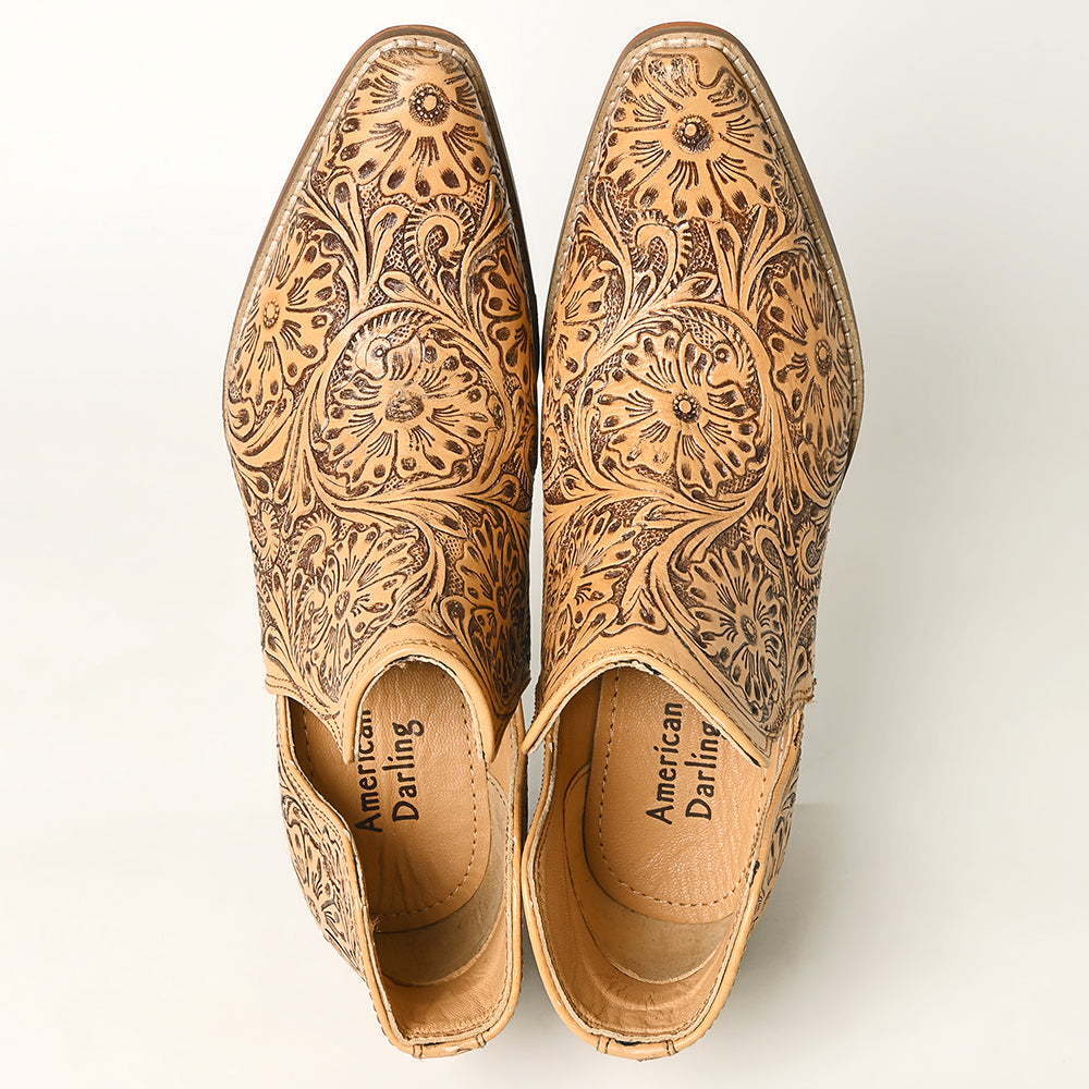 LC-ADFT165 Women's Tan Tooled Leather Western Ankle Boots - American Darling Cowgirl Booties